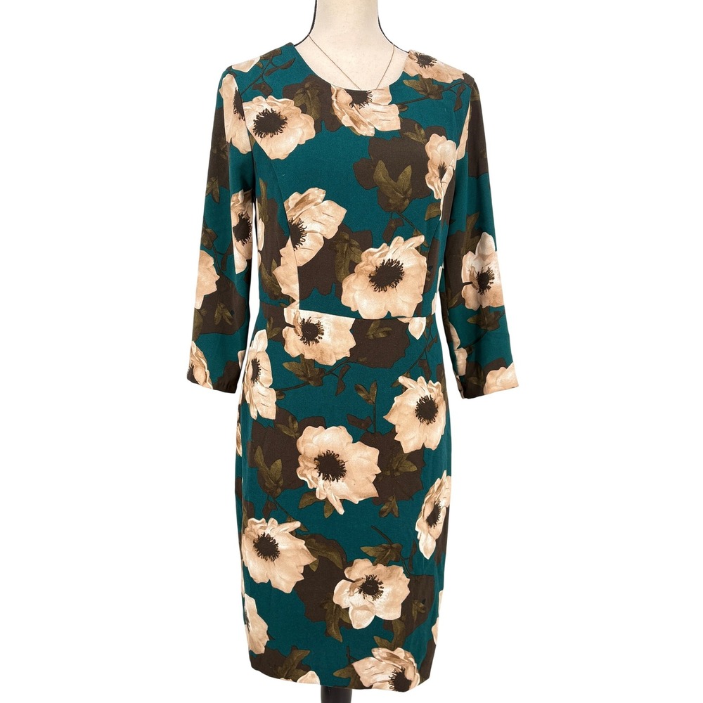 Banana‎ Republic Teal Floral Midi Sheath Dress Size 6 3/4 Sleeve